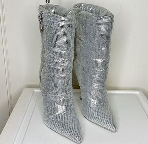 Azalea Wang Gretchen Glitter Rhinestone Heeled Boots Silver New Size 7.5